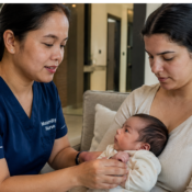 Filipino maternity nurse in a navy blue uniform caring for a Chilean newborn baby with the mother beside them inside a villa in the UAE.
