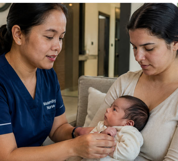 Filipino maternity nurse in a navy blue uniform caring for a Chilean newborn baby with the mother beside them inside a villa in the UAE.