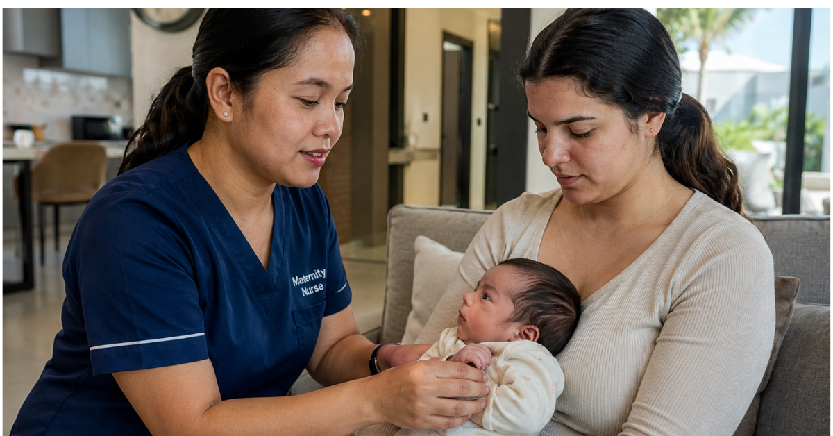 Filipino maternity nurse in a navy blue uniform caring for a Chilean newborn baby with the mother beside them inside a villa in the UAE.