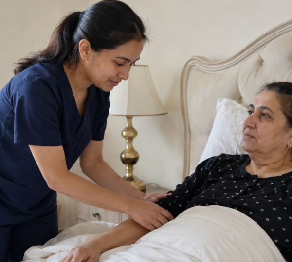A professional home nurse in dark blue scrubs gently assisting an elderly female patient resting in bed in a home care setting.