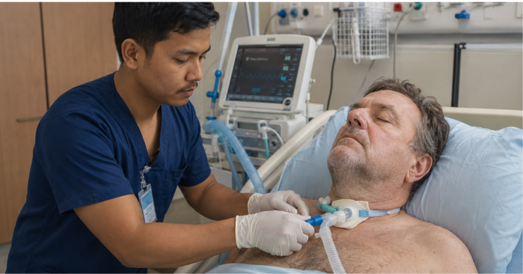 Young Nepali male nurse providing ventilator care to a 56-year-old German man at home, with the patient connected to a mechanical ventilator and resting comfortably in bed.