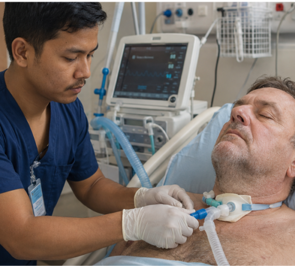 Young Nepali male nurse providing ventilator care to a 56-year-old German man at home, with the patient connected to a mechanical ventilator and resting comfortably in bed.