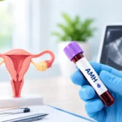 AMH blood test sample held by a gloved healthcare professional, with a female reproductive system model and ultrasound image in the background.