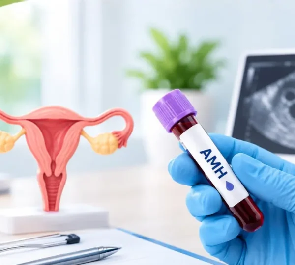 AMH blood test sample held by a gloved healthcare professional, with a female reproductive system model and ultrasound image in the background.