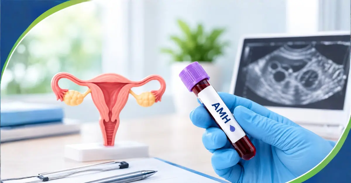 AMH blood test sample held by a gloved healthcare professional, with a female reproductive system model and ultrasound image in the background.