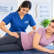 Physiotherapist helping a patient with lower back pain during a rehabilitation session