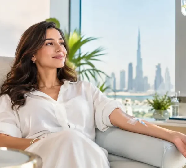 Woman receiving IV therapy in a modern wellness setting in Dubai