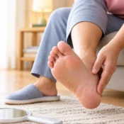 Older adult checking the sole of their foot at home to identify early signs of a diabetic foot ulcer.