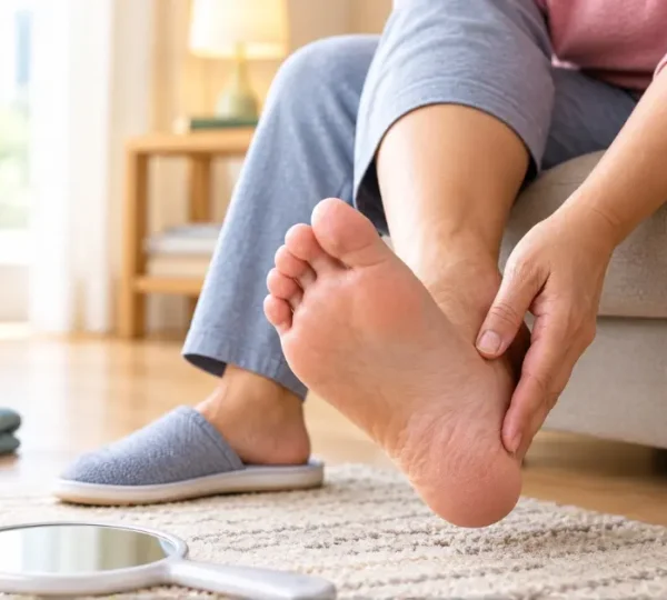 Older adult checking the sole of their foot at home to identify early signs of a diabetic foot ulcer.