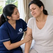 A professional nurse is taking care of a woman with severe disc issues at her home in Sharjah
